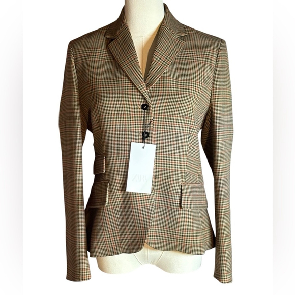 ZARA NWT Brown Tweed Plaid Fitted Blazer in Sz S - Picture 4 of 10
